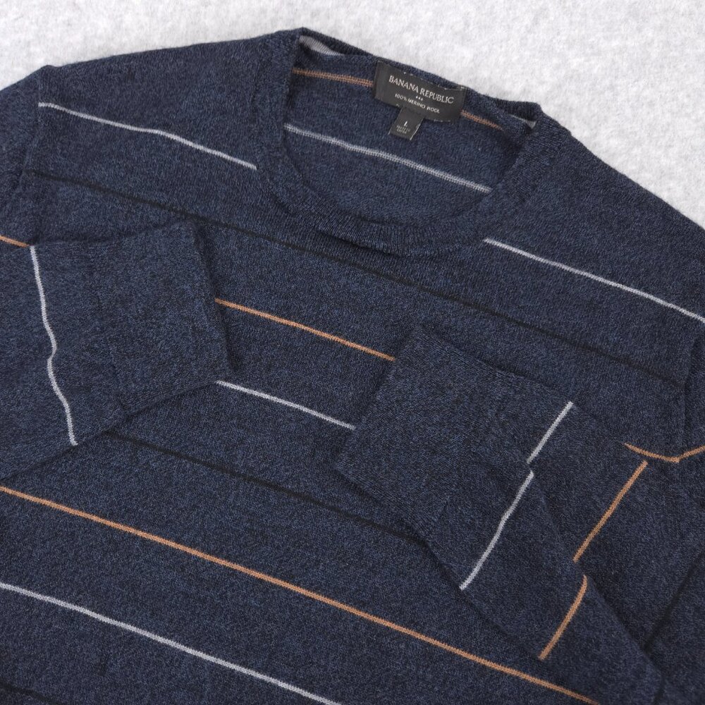 Banana Republic Sweater Womens Large Blue 100% Merino Wool Striped Preppy